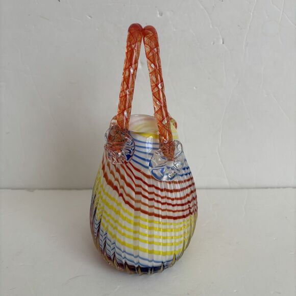 Natalie Handbag Block Crystal Purse Vase Hand Cut Mouth Blown Striped Glass 8" - Picture 4 of 9